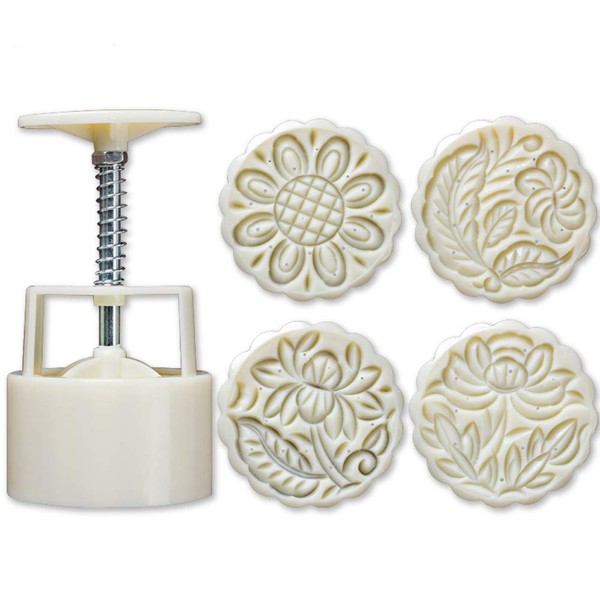 LEAMALLS 5 Pieces Mooncake Print Cookie Cutters Stamp Press Muffin and Cupcake with Flower Stamps DIY Baking Tools Pastry Fondant Decoration Modelling Tools