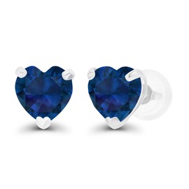 Solid 14K White Gold 6mm Heart Created Blue Sapphire September Birthstone Genuine Stud Earrings For Women