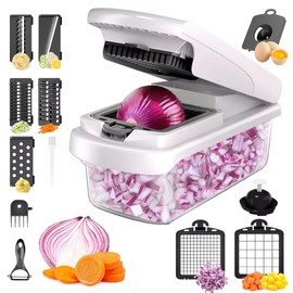 Multifunctional Vegetable Slicer - Kitchen Mandolin - 15-in-1 Vegetable Slicer with 7 Interchangeable Blades - Professional Mandolin - Compact Vegetable Cutter White for Onions, Carrots, Cucumbers