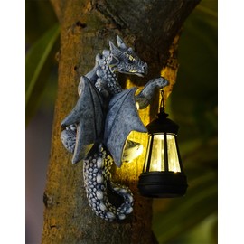 Tree Hugger Garden Dragon Statue with Solar Lantern - Outdoor Decor Welcome Sign and Tree Face Garden Gift - Perfect Gardening Gift Idea, 13.97cm x 26.92 cm