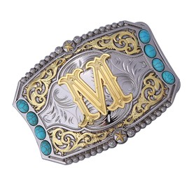 Btilasif Western Belt Buckle Cowboy Rodeo Initial Letters ABCDEFG to Z Turquoise Belt Buckle for Men Women (M)