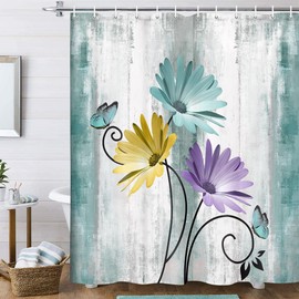 VeiVian Rustic Farmhouse Shower Curtain, Farm Teal Daisy Floral Flowers and Butterfly on Country Wooden Shower Curtain for Bathroom, Turquoise Blue Bathroom Shower Curtains with 12PCS Hooks, 70X70IN