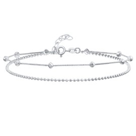 Simple 2 In 1 Set Tiny 3MM Station Diamond Shaped Beads Double Chain Anklet Strand Ankle Bracelet For Women Teens .925 Sterling Silver 9-10 Inch Adjustable