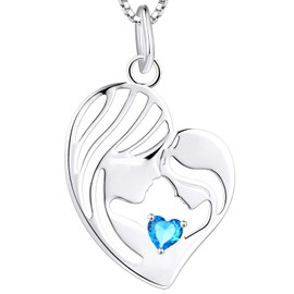 YL Mother and Daughter Necklace, 925 Sterling Silver Heart, 12 Birthstone, Cubic Zirconia Pendant, Gifts for Mothers, Women, 45-48 cm, 925 Sterling Silver