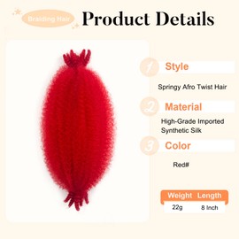 Red Springy Afro Twist Hair 8 Inch Afro Twist Hair 8 Packs Pre fluffed Spring Twist Hair for Soft Locs Synthetic Marley Twist Braiding Hair