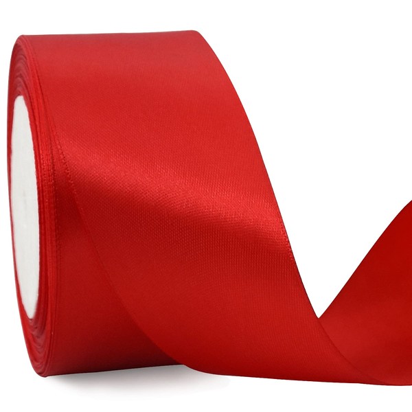 TONIFUL 2 Inch x 25 Yards Wide Red Satin Ribbon Solid Fabric Ribbons Roll for Valentine's Day Crafts Chair Sash Gift Wrapping Invitation Cards Floral Hair Bows Sewing Party Wedding Car Decoration