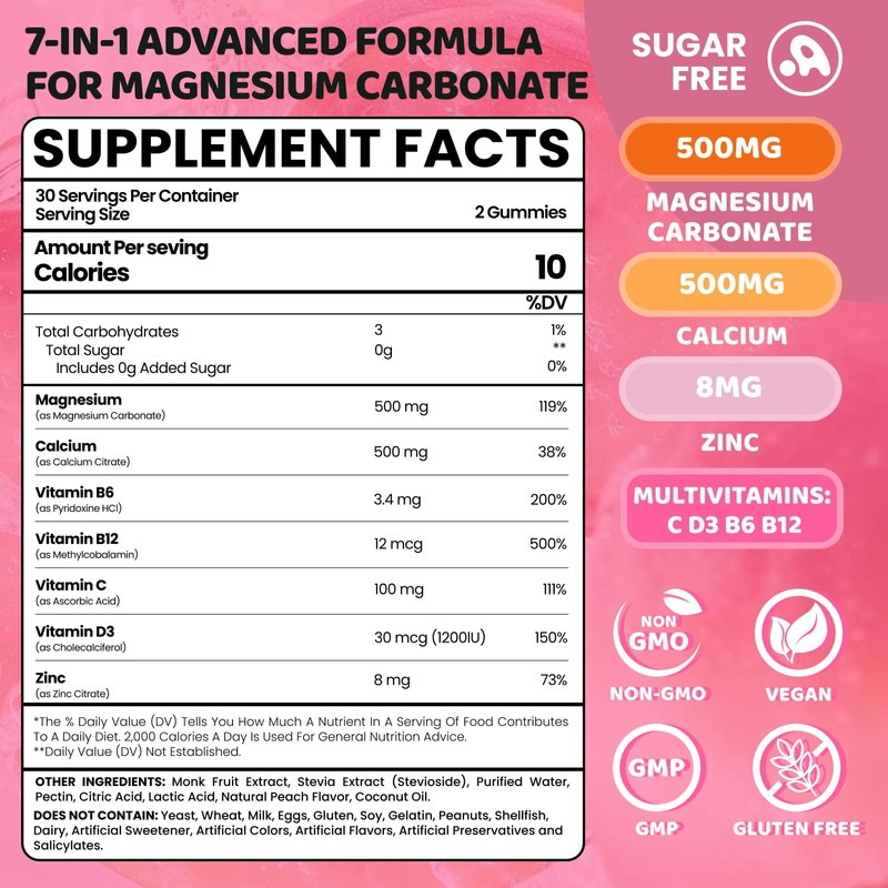 Magnesium Carbonate Gummies 500mg, Muscle & Digestive, Women & Men,