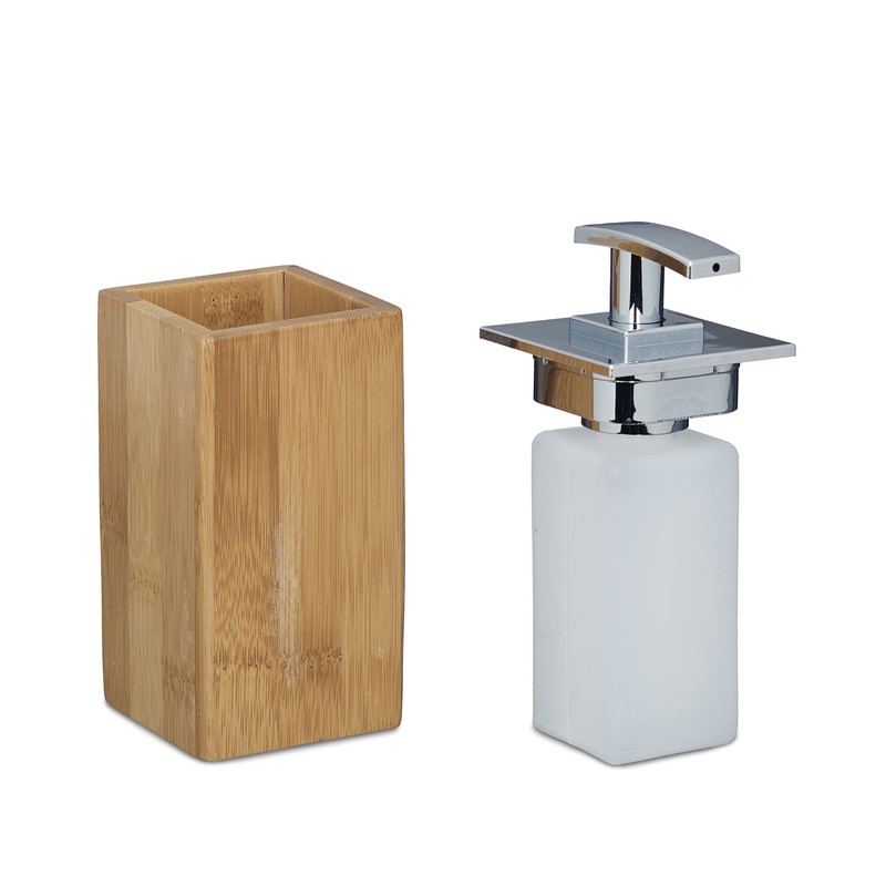 Relaxdays 2 x Soap Dispenser Bamboo Refillable Square H x