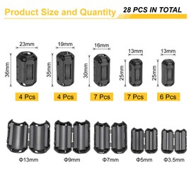 sourcing map 28Pcs 5 Sizes Clip-on Ferrite Ring Core, Ferrite Bead EMI RFI Noise Cable Clip for 3.5mm/5mm/7mm/9mm/13mm Diameter Cable, Black