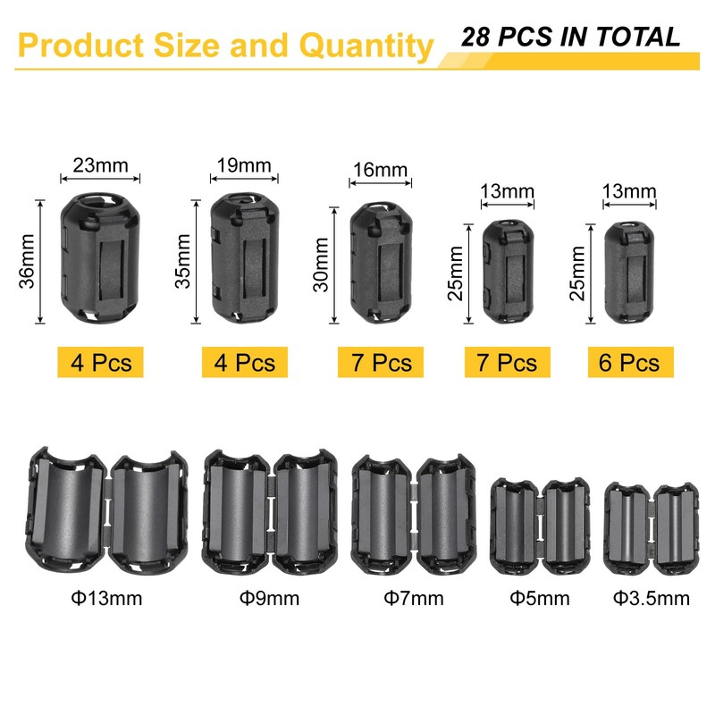 sourcing map 28Pcs 5 Sizes Clip-on Ferrite Ring Core, Ferrite
