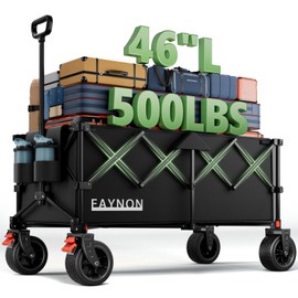 46" L Collapsible Foldable Extended Wagon, 500LB Weight Capacity with 280L Heavy Duty Folding Cart,Utility Wagon with All-Terrain Beach Wheel & Drink Holders,Black