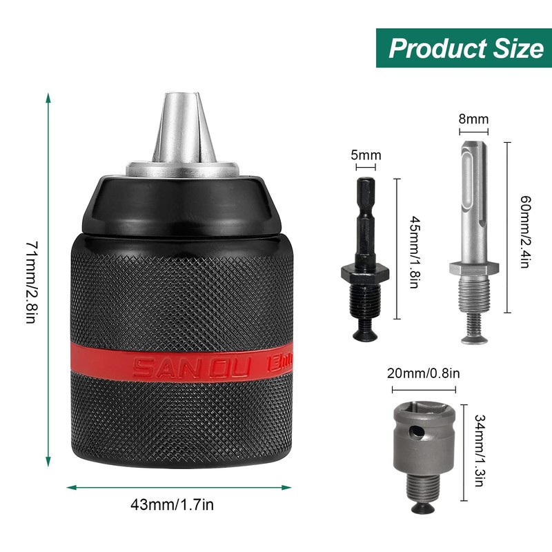 1.5-13 mm Keyless Drill Chuck, Red Striped All-Metal Chuck, with