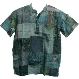 Men's Indian Vintage Bohemian Hippie Patchwork Short-Sleeved Shirt Blue Tones (Small/Medium)