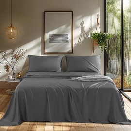 LBRO2M Cooling Bed Sheet 100% Viscose Derived from Bamboo Sheet Set Queen Size 4 Piece,16" Deep Pocket, 1800 TC Sheet Super Soft Silky Smooth,Breathable Comfortable (Queen Dark Gray)