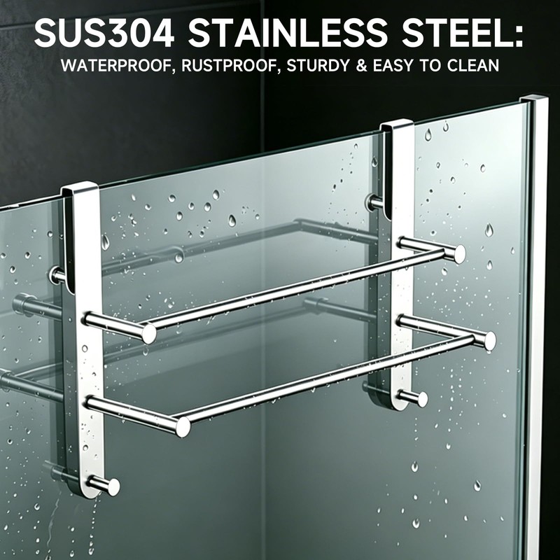 Frameless Glass Door Shower Towel Rack, Double Bar, 8 Hooks,