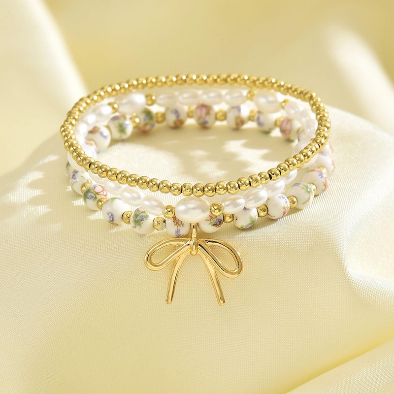 Bow Bracelet for Women Beaded Bow Bracelet Stackable Stretch Bead