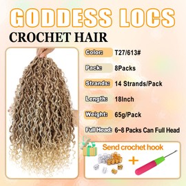 AMLUCKS 8 Packs Goddess Locs Crochet Hair Pre-Looped Boho Faux Locs Messy River Bohemian Crochet Hair for Black Women with Curly Ends (T27/613#, 18inch)