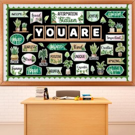 Boho Plant Affirmation Station Bulletin Board Set Greenery Motivational Classroom Decorations Inspirational Mirror Growth Mindset Positive Affirmations Accents Cutout for School Office Teacher Wall