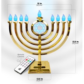 Ner Mitzvah LED Electric Hanukkah Menorah - Color Changing LED Traditional Classic Chanukah Menorah with Remote - Battery or USB Powered - USB Cord Included - Gold
