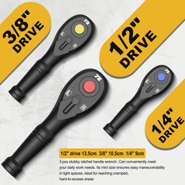 Aiourx 3PCS Stubby Ratchet Set, 1/4'', 3/8'', 1/2'' Drive Mini Ratchet Handle Wrench, 72-Tooth Quick Release Reversible, CR-V Steel, Mechanical Maintenance, Bicycle Repair, DIYer