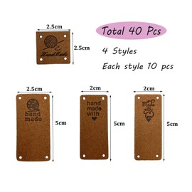 WiYould 40 Pcs PU Leather Labels Handmade Sew On Tag Embossing Embossing Embellishment Crochet Knitting DIY Jeans Bags Shoes Hats Accessories (4 Types, Dark Brown)