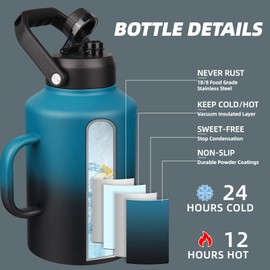 BJPKPK 1 Gallon Water Bottle with Handle, Large Dishwasher Safe 128oz Insulated Water Bottle, BPA Free Water Jug, Wide Mouth Metal Flasks with Anti-slip Bottom, Keep Cold & Hot,Blue & Black