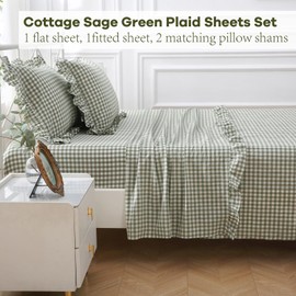 K MASANIJI Sage Green White Plaid Ruffle Sheets Full Size 4-Piece Set, 300TC 100% Yarn Dyed Cotton Sheets 18 in Deep Pocket Gingham Decorative Bed Set (Sage Green/White Plaid, Full)
