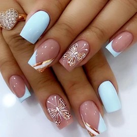 Nude Blue Gold Butterfly Fake Nails Press On Nails Medium Short Coffin Square,Glossy with Designs Full Cover Acrylic Glue on Nails Short Square False Nails Thick French Tip Stick on Nails for Women 24Pcs F013(568)