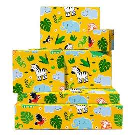 Yellow Wrapping Paper - 6 Sheets Recyclable Wrapping Paper for Boys - Jungle Wrapping Paper - Birthday Baby Shower Christmas - with Stickers - From Central 23