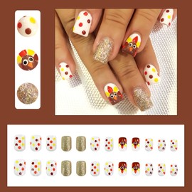 24Pcs Fall Thanksgiving Day Turkey Press on Nails Short Square Fake Nails Gold Glitter Full Cover Artificial Thanksgiving Nails Autumn Polka Dots Design Glue on Nail Glossy Acrylic Nails for Women