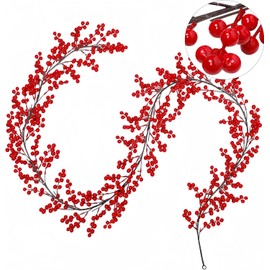 KAHEIGN Red Berry Christmas Garland, 200CM Artificial Holly Berry Garland Flexible Bendable Christmas Garland for Winter Christmas Holiday New Year Fireplace Table Party Decoration