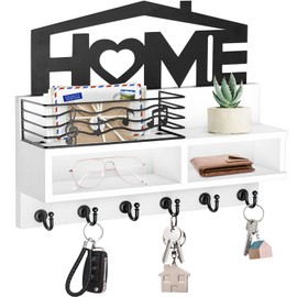 VIS'V Key Mail Holder Wall Mount, White Wooden Key Mail Organizer with 6 Key Hooks Multiple Slots Wall Decorative Key Rack with Shelf Mail Storage Basket for Entryway Doorway Hallway