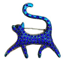 Cat Pin Brooch, Proud Rhinestone Cat with Tail Up High (Blue)