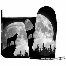 Mxocom Black Wolf Howling at The Moon Oven Mitt and Pot Holder with Silicone Stars on The Sky in The Evening Heat Resistant Kitchen for Cooking BBQ Baking Grilling Spring/Summer