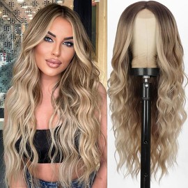 nannan 26 Inch Long Curly Middle Part Synthetic Heat Resistant Fiber Wig for Women - Daily Use Party Wig in Dark Brown - Color: Blonde