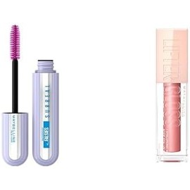 Kit Maybelline Máscara de pestalas Surreal a prueba de agua, efecto extensiones + Brillo labial, Lifter Gloss, con ácido hialurónico, tono moon