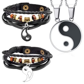 Yin Yang Necklace Bracelet Set for Couple Matching Leather Bracelets Puzzle Pendant Necklace Set Valentine's Day Anniversary（3pcs）