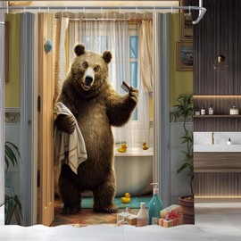 EVRCVAR Funny Bear Shower Curtain Bathtub Brown Animal Rustic Farmhouse Wildlife Country Bathroom Curtain Fabric with Hooks(70" WX70 H)