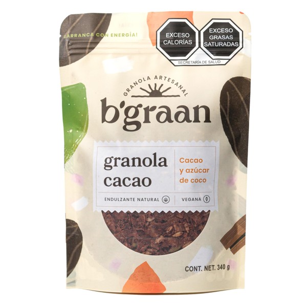 BGRAAN | Granola Cacao - 340gr | Granola Con Azucar de Coco - Acompañar con Leche - Ideal para Preparar Galletas | Snacks Saludables | 100% Ingredientes Naturales - Sin Gluten - Proteina Vegana