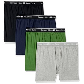 Beverly Hills Polo Club Men's 4 Pack Knit Boxer Shorts, Green/Black/Navy/Heather Grey, Small US