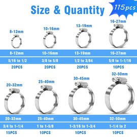 115pcs Heavy Duty Hose Clamps Set, 304 Stainless Steel Worm Gear Drive Hose Clamp Metal Fuel Line Pipe Clamp for Plumbing, Automotive And Mechanical Application
