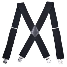 Breveltion Mens Braces Suspenders Black Extended 50mm Adult Men's 4-clip X-strap