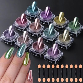 WOKOTO 12Jars Chrome Nail Powder For Nails, Colorful Magic Pearl Powder Kit Mirror Effect Metallic Holographic Dip Nail Powder For Resin Craft & Nail Art Fimo, Decoration Iridescent Aurora Pigment