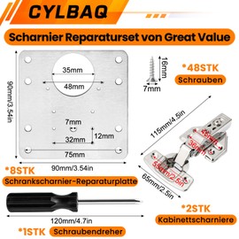 Set of 2 Hinges for Cabinet Doors, CYLBAQ Cabinet Hinges, 8 Pieces Hinge Repair Plate with 48 Pieces Screws and Screwdriver, Stainless Steel Repair Kit 9 x 9 cm Hinge Repair