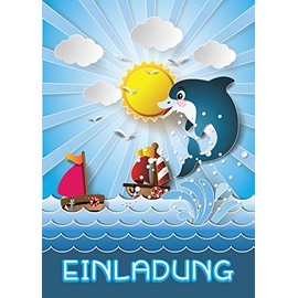 JuNa-Experten 12 Invitation Cards Children's Birthday Party Girls Boys Dolphin Animals Boys Birthday Invitations Birthday Party Card Set Swimming Pool