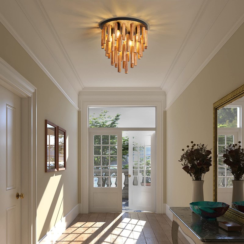 5-Light Semi Flush Mount Ceiling Light Fixture Rustic Wood Chandelier