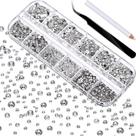 2000 Pieces Flat Back Gems Round Crystal Rhinestones 6 Sizes (1.5-6 mm) with Tweezers and Rhinestones Picking Pen for Crafts Nail Face Art Clothes Shoes Bags DIY (White)