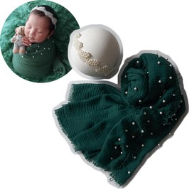 Newborn Photo Wrap Pearl Edged Layer with Fringes Photography Prop Baby Drape Wrap Infant Photoshoot Pearl Headband (Forest)