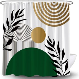 JOFKAXU Boho Mid Century Shower Curtain Abstract Arch Curve Sun Black Green Leaf Modern Minimalist Simple Geometric Nature Aesthetic Retro Bathroom Curtain with Hooks