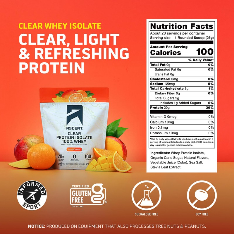 Ascent 100% Clear Whey Protein Powder - Post Workout, Zero